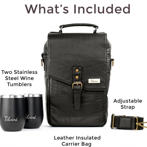 Tilvini Black Genuine Leather Insulated Wine Bag & Tumbler Set NWT - Picture 7 of 11